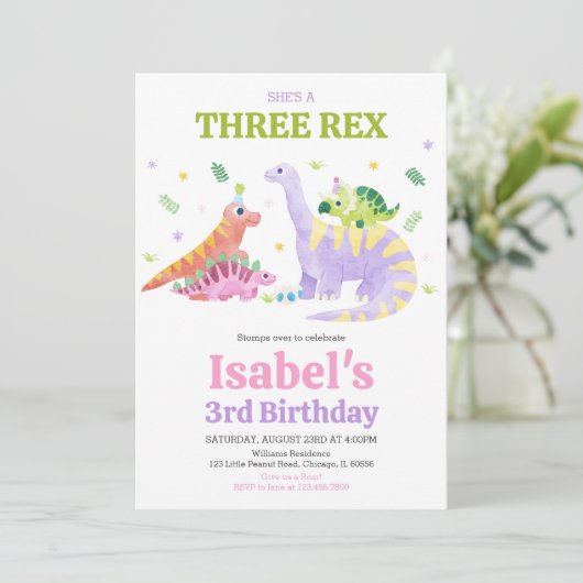 She's a Three rex Trex Dinosaur Birthday Kaart (Staand voorkant)