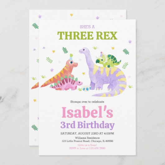 She's a Three rex Trex Dinosaur Birthday Kaart (Voorkant / Achterkant)