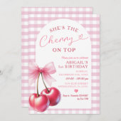 She's Cherry op de Gingham Pink Birthday Bow Kaart (Voorkant / Achterkant)