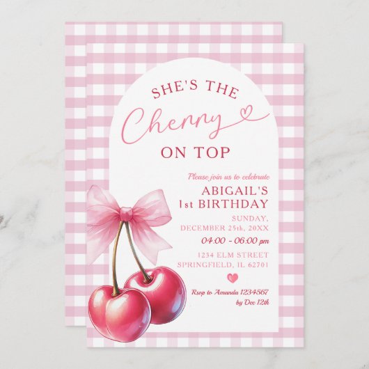 She's Cherry op de Gingham Pink Birthday Bow Kaart (Voorkant / Achterkant)