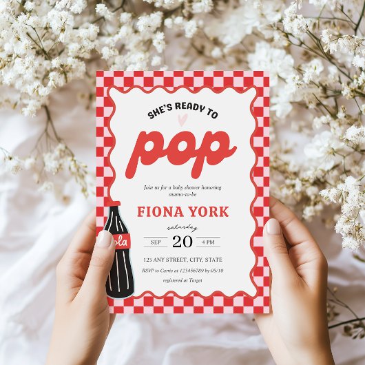 She's Ready to Pop Retro Soda Red Pink Baby Shower Kaart