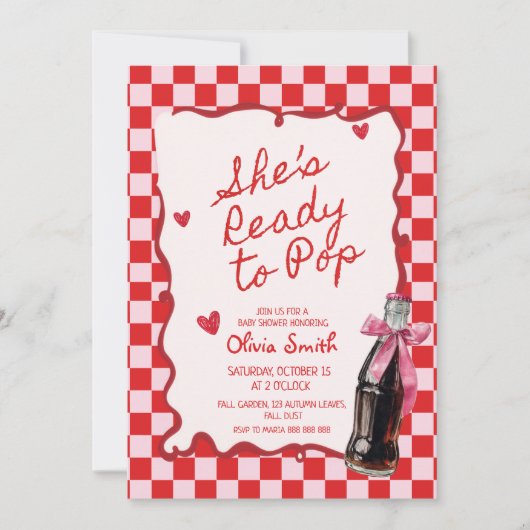  She's Ready to Pop Soda pink & red Baby Shower  Kaart (Voorkant)