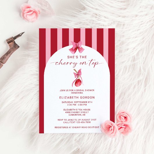 She's the Cherry on Top Bridal Shower Coquette Kaart