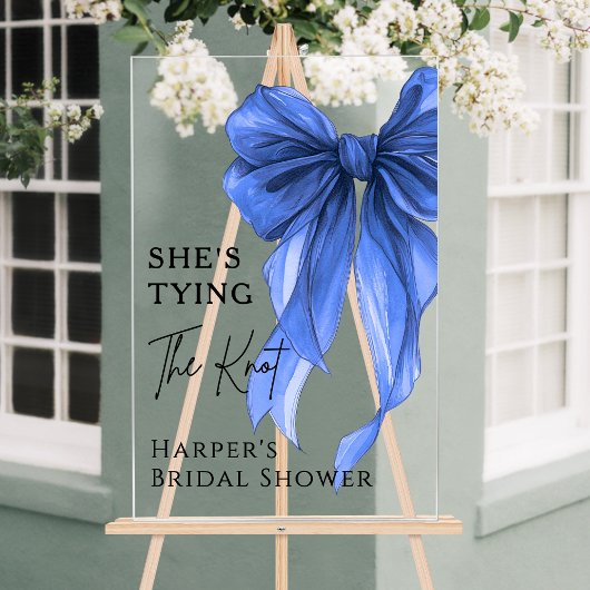 She's Tying The Knot Blue Bow Welcome Sign Acryl Bord