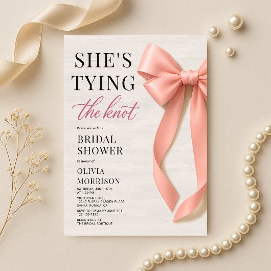 She's Tying The Knot Blush Pink Bow Bridal Shower Kaart