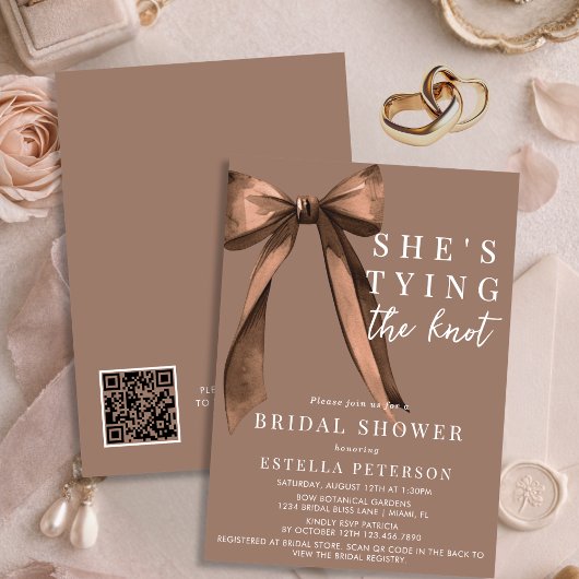 She's Tying The Knot Brown QR Code Bridal Shower Kaart