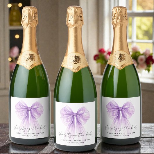 She's Tying The Knot Purple Bow Bridal Shower Sparkling Wijnetiket