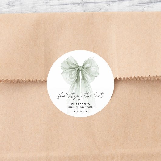 She's Tying The Knot Sage Green Bow Bridal Shower Ronde Sticker