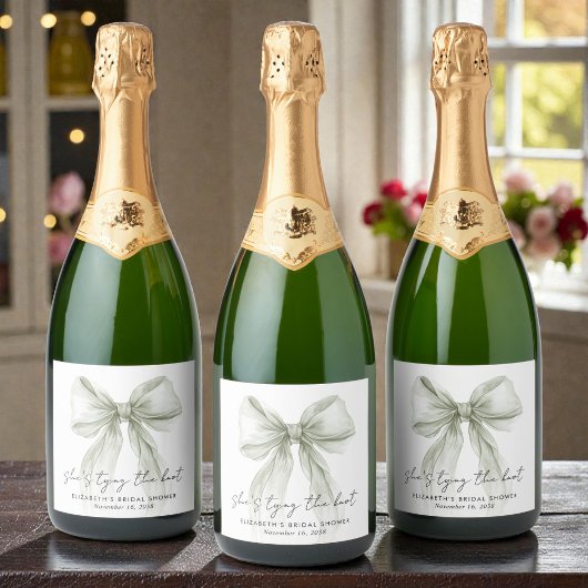 Shes Tying The Knot Sage Green Bow Bridal Shower Sparkling Wijnetiket