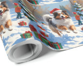 Shetland herdershond loopt sneeuw met kerst Pet Cadeaupapier (Rol Hoek)