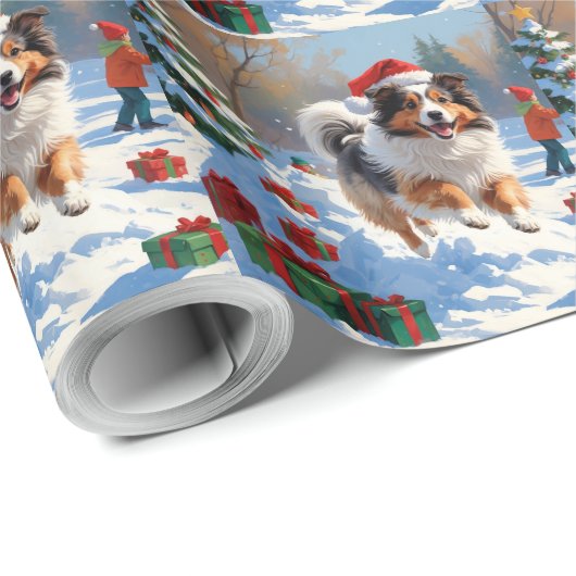 Shetland herdershond loopt sneeuw met kerst Pet Cadeaupapier (Rol Hoek)