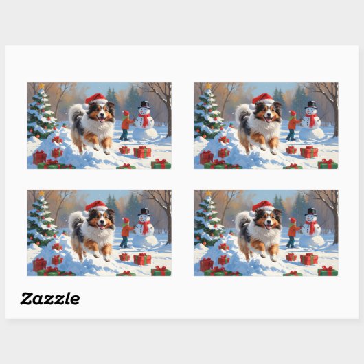 Shetland herdershond loopt sneeuw met kerst Pet Rechthoekige Sticker (Vel)