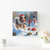 Shetland herdershond loopt sneeuw met kerst Pet Vierkante Klok (Huis)