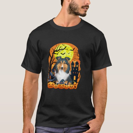 Shetland herdershond met pompoenen enge Halloween T-shirt (Voorkant)