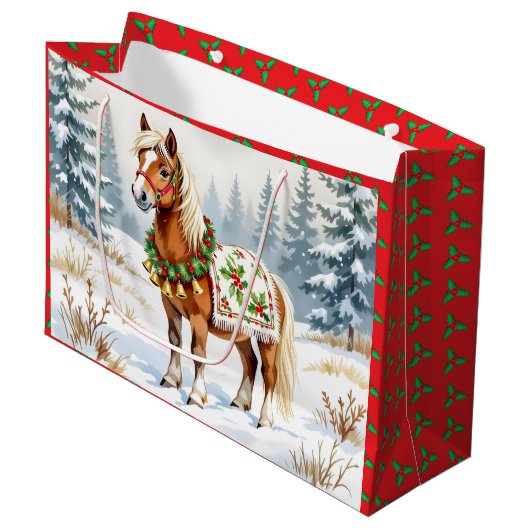 Shetland Pony en Holly Christmas Medium Gift Bag Groot Cadeauzakje (Voorkant Gekanteld)