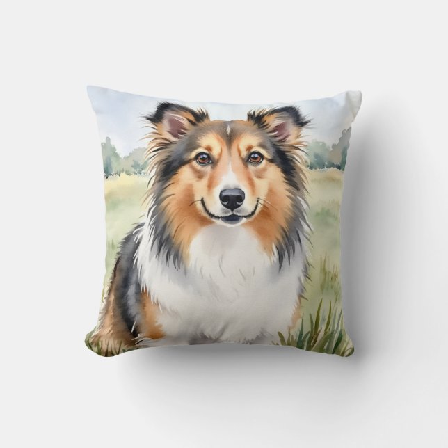 Shetland Sheepdog Aquarel Windstroom Kunst Kussen (Voorkant)