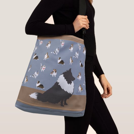 Shetland Sheepdog: Black Sheltie on Grey Large Crossbody Tas (Dichtbij)
