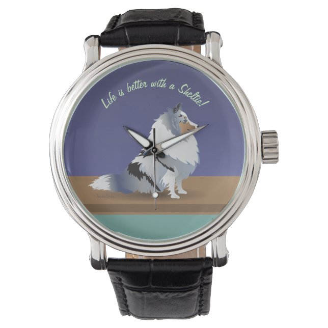 Shetland Sheepdog: Blue Merle Sheltie on paars Horloge (Voorkant)