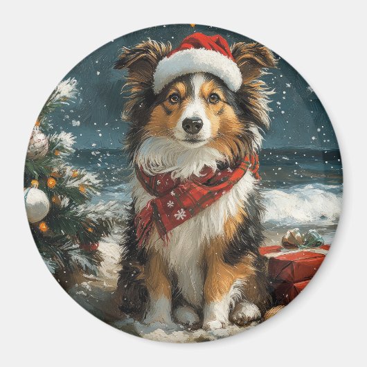 Shetland Sheepdog Christmas Beach Magneet (Voorkant)