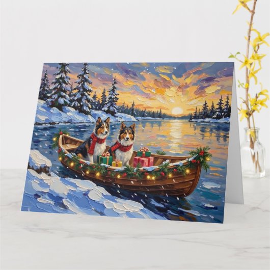 Shetland Sheepdog Christmas Boat Holiday Kaart (Gele Bloem)