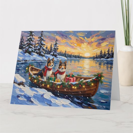 Shetland Sheepdog Christmas Boat Holiday Kaart (Voorkant)