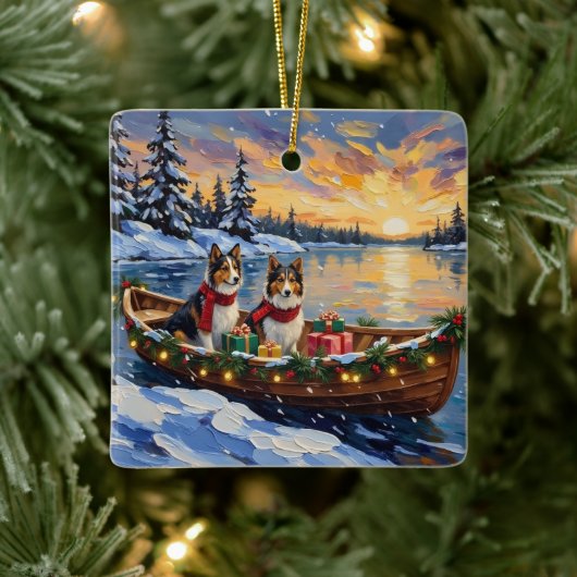 Shetland Sheepdog Christmas Boat Holiday Keramisch Ornament (Boom)