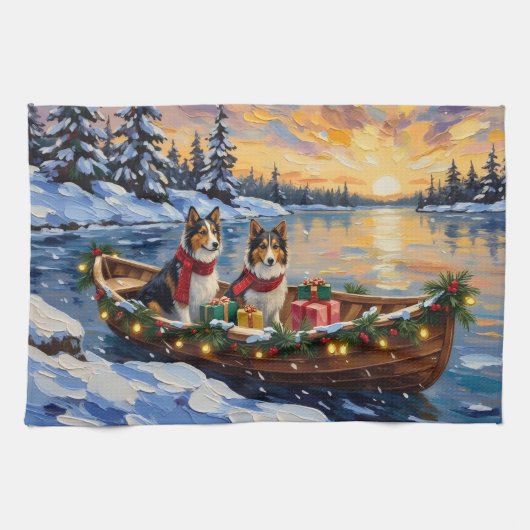 Shetland Sheepdog Christmas Boat Holiday Theedoek (Horizontaal)