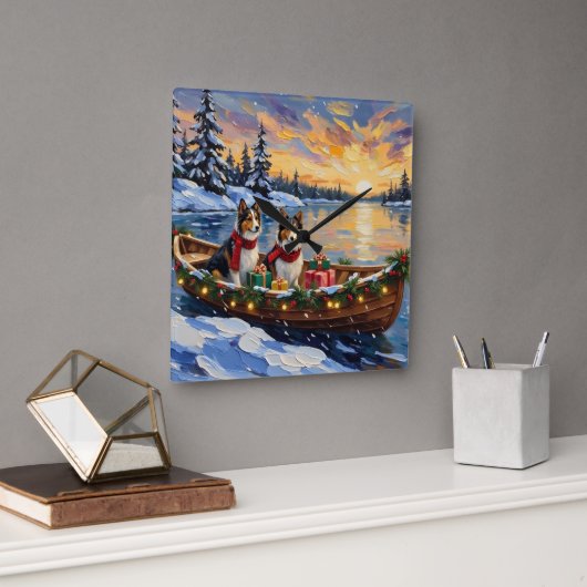 Shetland Sheepdog Christmas Boat Holiday Vierkante Klok (Kantoor)