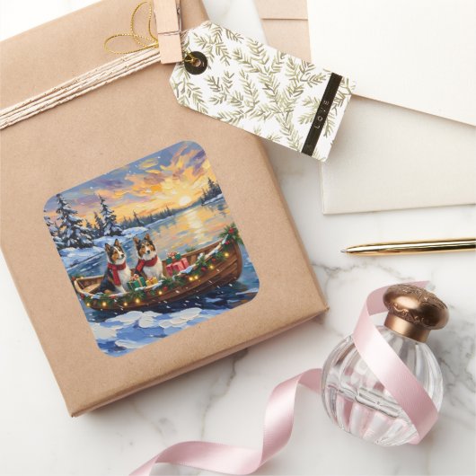 Shetland Sheepdog Christmas Boat Holiday Vierkante Sticker (Geschenken)