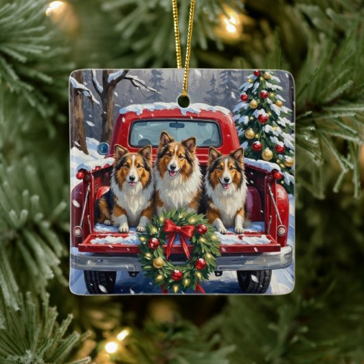 Shetland Sheepdog Christmas Red Truck Holiday Keramisch Ornament (Boom)