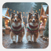Shetland Sheepdog Christmas Snow Holiday Vierkante Sticker (Voorkant)