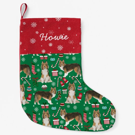 Shetland Sheepdog custom dog name stocking Kleine Kerstsok (Voorkant)
