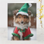 Shetland Sheepdog Elf Puppy Kerst Kaart (Gele Bloem)