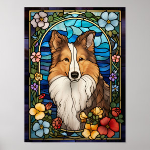 Shetland Sheepdog en Bloemen Glas-in-Loodraam Poster