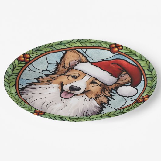 Shetland Sheepdog Glas in lood Kerstmis Papieren Bordje (Gekanteld)
