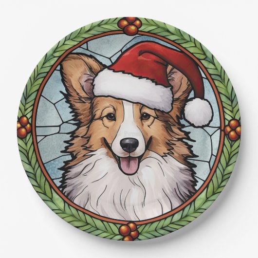 Shetland Sheepdog Glas in lood Kerstmis Papieren Bordje (Voorkant)