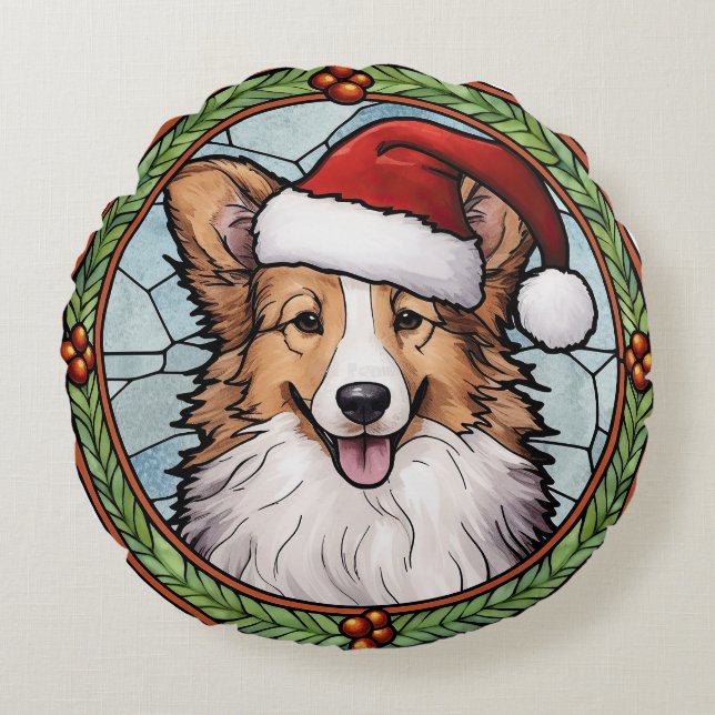 Shetland Sheepdog Glas in lood Kerstmis Rond Kussen (Voorkant)