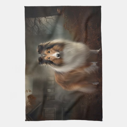 Shetland Sheepdog Halloween eng Theedoek (Verticaal)
