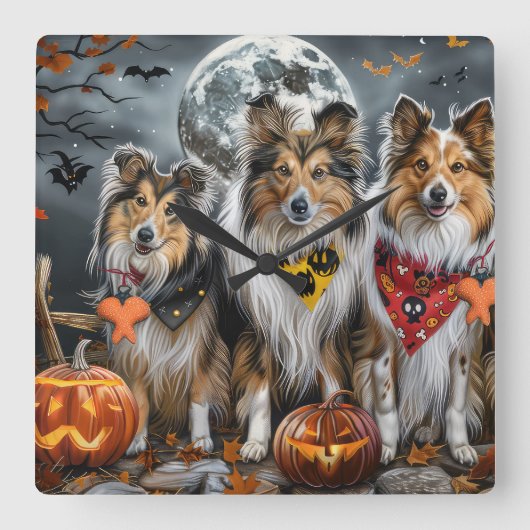 Shetland Sheepdog Halloween Spoken Vierkante Klok (Voorkant)