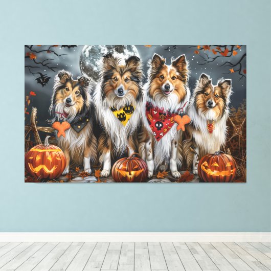 Shetland Sheepdog Halloween Spooky Canvas Afdruk (Insitu (Houten vloer))