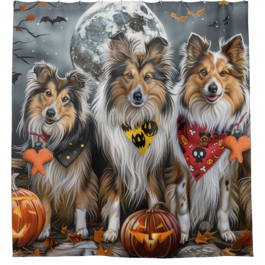 Shetland Sheepdog Halloween Spooky Douchegordijn (Voorkant)