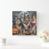 Shetland Sheepdog Halloween Spooky Vierkante Klok (Huis)