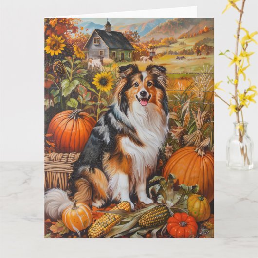 Shetland Sheepdog Herfst Oogst Thanksgiving Kaart (Gele Bloem)