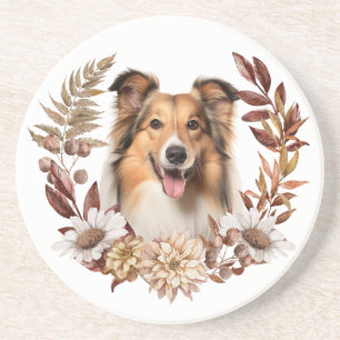 Shetland Sheepdog herfstkrans Zandsteen Onderzetter