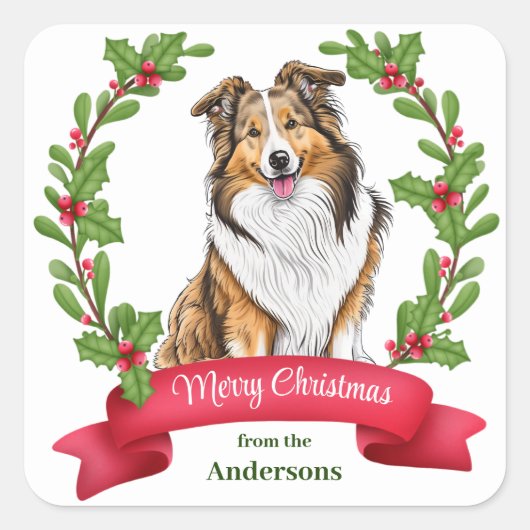 Shetland Sheepdog Holly Banner Kerstmis Vierkante Sticker (Voorkant)