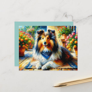 Shetland Sheepdog in Cottage Garden Scene Briefkaart