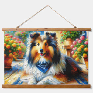 Shetland Sheepdog in Cottage Garden Scene Hangend Wandkleed