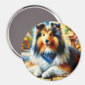 Shetland Sheepdog in Cottage Garden Scene Magneet (Voorkant / Achterkant)
