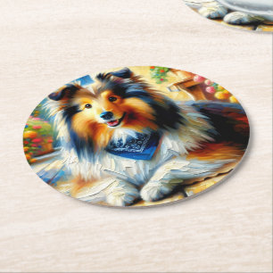 Shetland Sheepdog in Cottage Garden Scene Ronde Kartonnen Onderzetter
