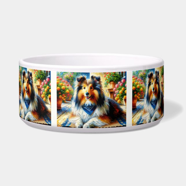Shetland Sheepdog in Cottage Garden Scene Voerbakje (Voorkant)